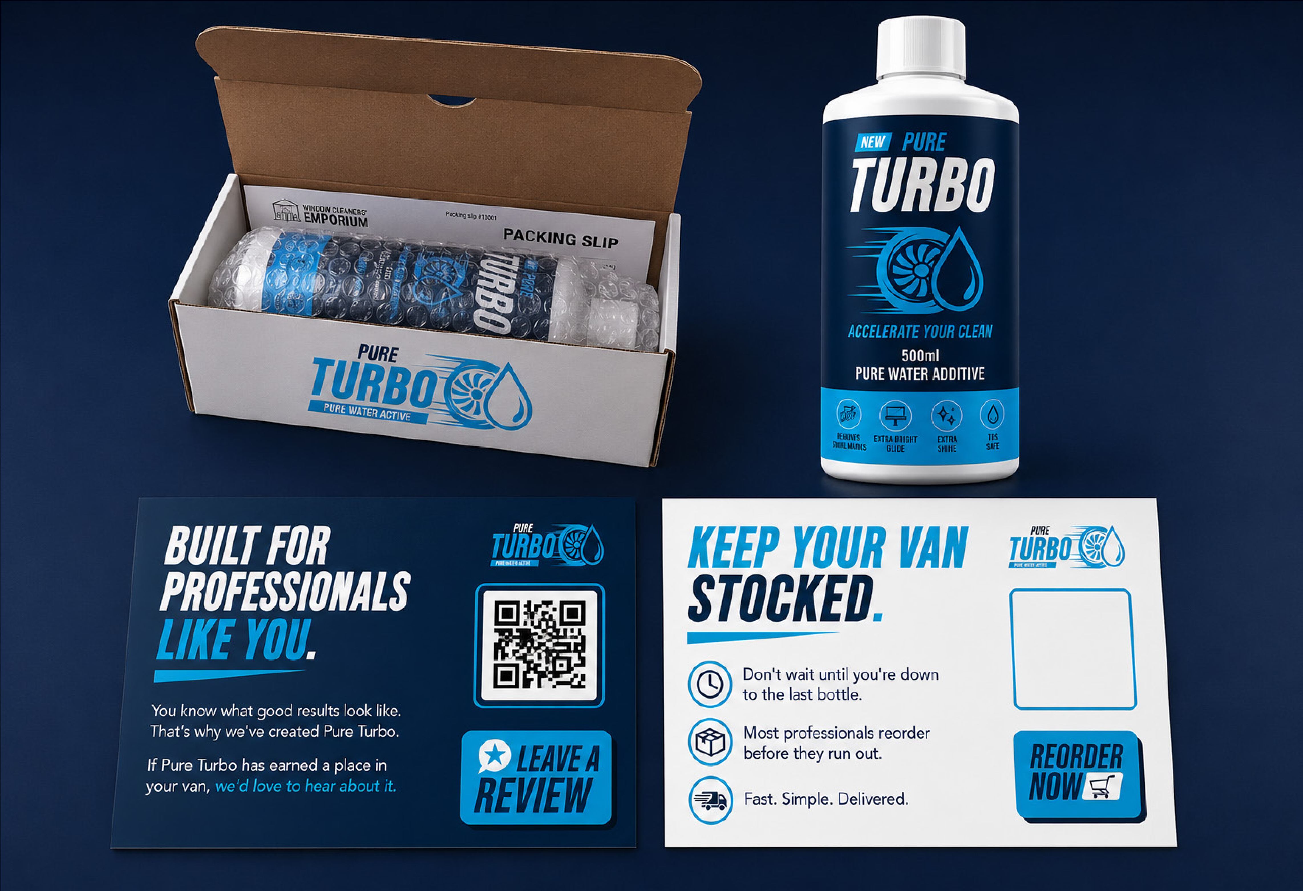 Pure Turbo packaging, 500ml bottle and professional inserts on a deep navy background